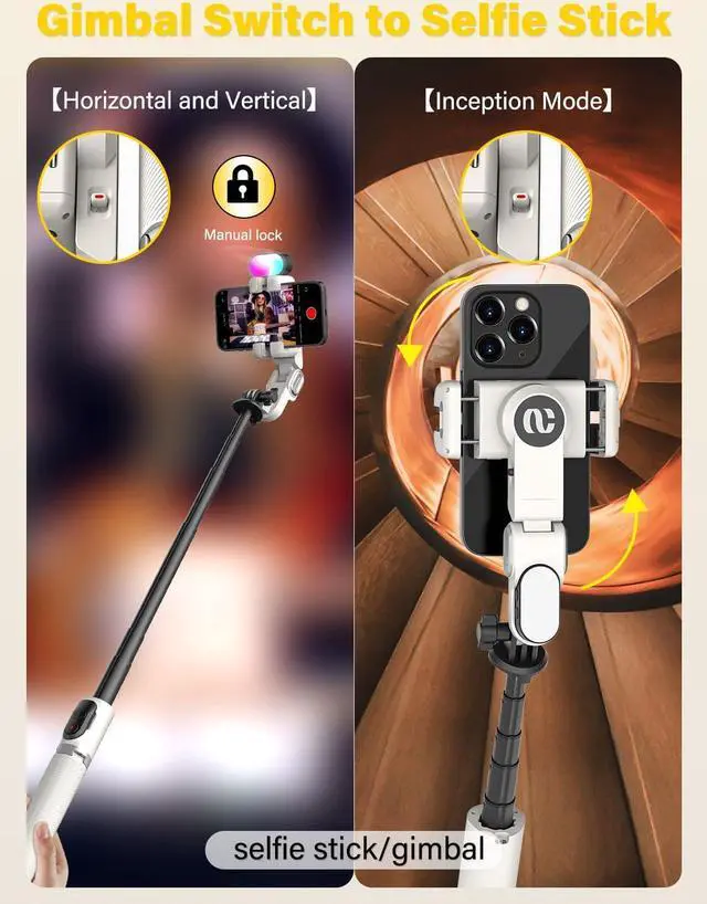 Alt view image 4 of 6 - Smartphone Gimbal Stabilizer, Smart Face Tracking Tripod Without APP - 4 in 1 Cellphone Gimbal Stabilizer for iPhone&Android Extended 108cm Rod with RGB Fill Light,M2PRO White