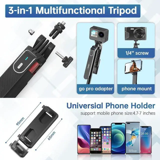 Alt view image 2 of 7 - Ulanzi MA09 Selfie Stick Tripod, 71" Extendable Phone Tripod with Romote, Portable Cellphone Stand Tripod Quadrapod & iPhone Tripod, 3-in-1 Upgraded Travel Tripod for iPhone/Samsung/Camera