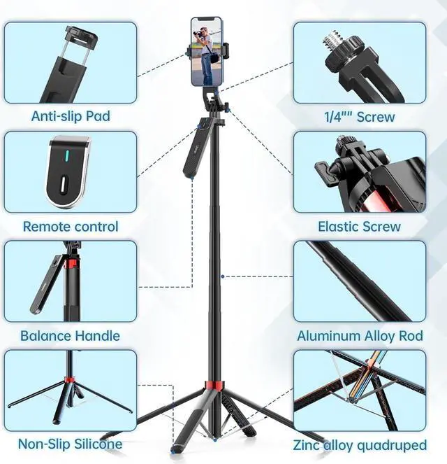 Alt view image 6 of 7 - Ulanzi MA09 Selfie Stick Tripod, 71" Extendable Phone Tripod with Romote, Portable Cellphone Stand Tripod Quadrapod & iPhone Tripod, 3-in-1 Upgraded Travel Tripod for iPhone/Samsung/Camera