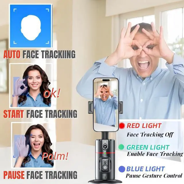Alt view image 2 of 6 - Auto Face Tracking Tripod, 360° Rotation Face Body Tracking Phone Holder, Rechargeable Phone Camera Mount Remote and Gesture Control with Adjustable Selfie Stick Tripod Stand for Phone Camera GoPro