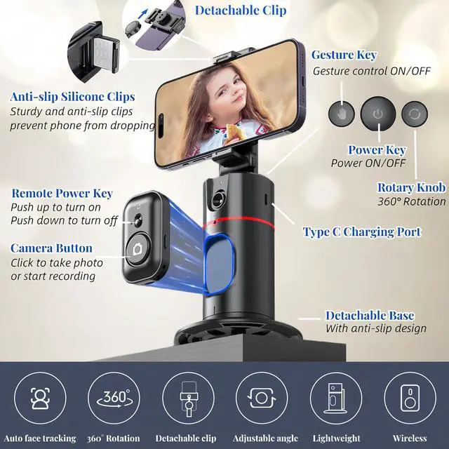 Alt view image 4 of 6 - Auto Face Tracking Tripod, 360° Rotation Face Body Tracking Phone Holder, Rechargeable Phone Camera Mount Remote and Gesture Control with Adjustable Selfie Stick Tripod Stand for Phone Camera GoPro