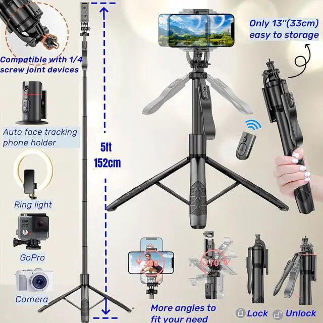 Alt view image 6 of 6 - Auto Face Tracking Tripod, 360° Rotation Face Body Tracking Phone Holder, Rechargeable Phone Camera Mount Remote and Gesture Control with Adjustable Selfie Stick Tripod Stand for Phone Camera GoPro