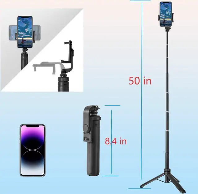 Alt view image 2 of 7 - Tripod for iPhone & Camera, Portable Phone Tripod with Remote Control and Rotate Phone Stand, Selfie Stick for iPhone/Gopro and Cameras(Black, 50 in)