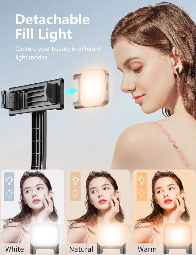 Alt view image 2 of 7 - Selfie Stick Tripod with Light and Detachable Phone Holder, 41.7" Extendable Phone Tripod with Remote, 360° Rotatable Selfie Stick Stand for iPhone, Samsung, and Android Smartphones