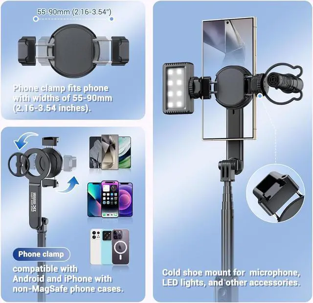 Alt view image 5 of 7 - Magnetic Phone Tripod Selfie Stick, 40.9" Extendable Cell Phone Tripod Stand for iPhone 17 16 15 14 13 12 MagSafe Phone Case with Clamp & Wireless Remote for Selfie Vlogging Video Recording-White