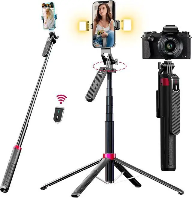 Main image of WOVTE 71" Selfie Stick with 2 Lights, Extendable Stand for iPhone, Selfie Stick with Remote, Portable Phone Tripod for Cell Phone Compatible with iPhone/Android, Camera & GoPro