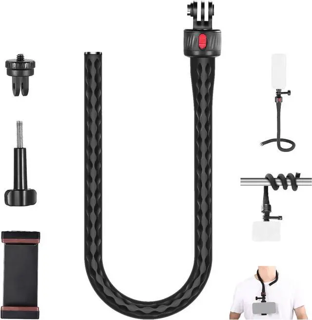 Main image of NEEWER Flexible Phone Holder with Magnetic Quick Release Camera Mount Compatible with Insta360 DJI Action 4 iPhone, Bendable Selfie Stick for Shopping Cart/Stroller/Treadmill/Gym, GP-17