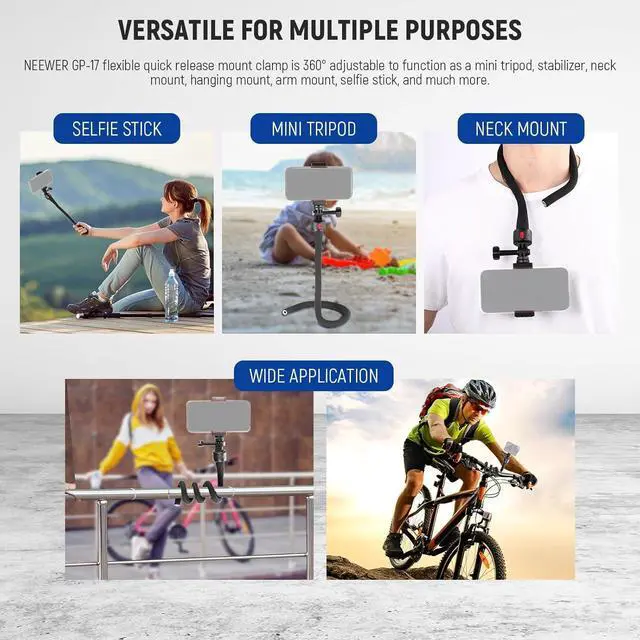 Alt view image 4 of 7 - NEEWER Flexible Phone Holder with Magnetic Quick Release Camera Mount Compatible with Insta360 DJI Action 4 iPhone, Bendable Selfie Stick for Shopping Cart/Stroller/Treadmill/Gym, GP-17