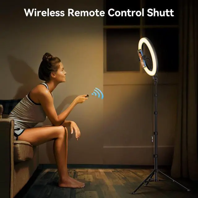 Alt view image 6 of 7 - 12 Ring Light with 63 extendable Tripod Stand Selfie RingLight with Phone Holder and Wireless Remote 2-in-1 Dimmable LED Ring Light and Selfie Stick for Makeup Live Stream Photography