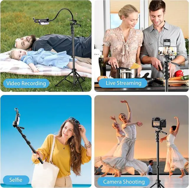 Alt view image 2 of 7 - MACTREM 85" Phone Tripod Stand with Flexible Gooseneck & Remote, Overhead Tripod & Selfie Stick with Phone Holder for iPhone Android Cell Phone & Camera for Selfies/Video Recording/Vlogging