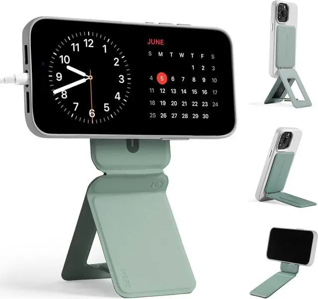 Main image of MOFT Phone Tripod Stand Selfie Stick for iPhone, Multi-Angles iPhone Stand, Lightweight & Portable Phone Holder, Strong Magnets, MOVAS Vegan Leather, Travel Essentials, Seafoam (Without Card Slot)