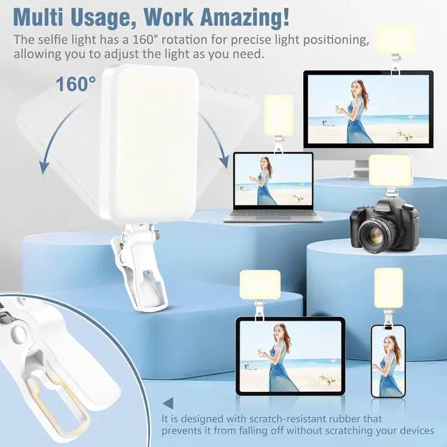 Alt view image 2 of 6 - 60 LED Portable Selfie Light Video Conference Lighting with Clip & Camera Tripod Adapter Rechargeable 2200mAh CRI 97+, 9 Light Modes for Phone iPhone Webcam Laptop Photo Makeup