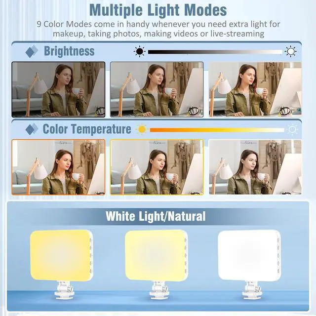 Alt view image 3 of 6 - 60 LED Portable Selfie Light Video Conference Lighting with Clip & Camera Tripod Adapter Rechargeable 2200mAh CRI 97+, 9 Light Modes for Phone iPhone Webcam Laptop Photo Makeup