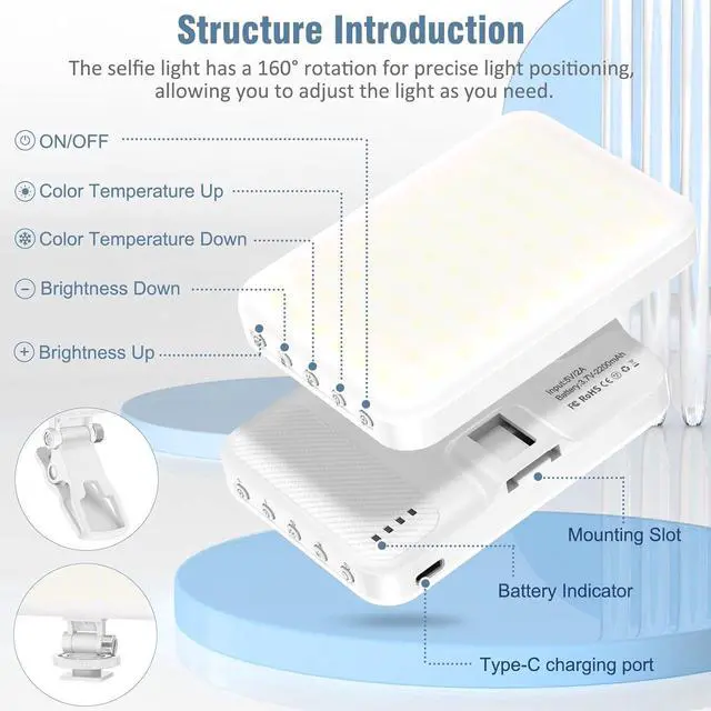 Alt view image 4 of 6 - 60 LED Portable Selfie Light Video Conference Lighting with Clip & Camera Tripod Adapter Rechargeable 2200mAh CRI 97+, 9 Light Modes for Phone iPhone Webcam Laptop Photo Makeup