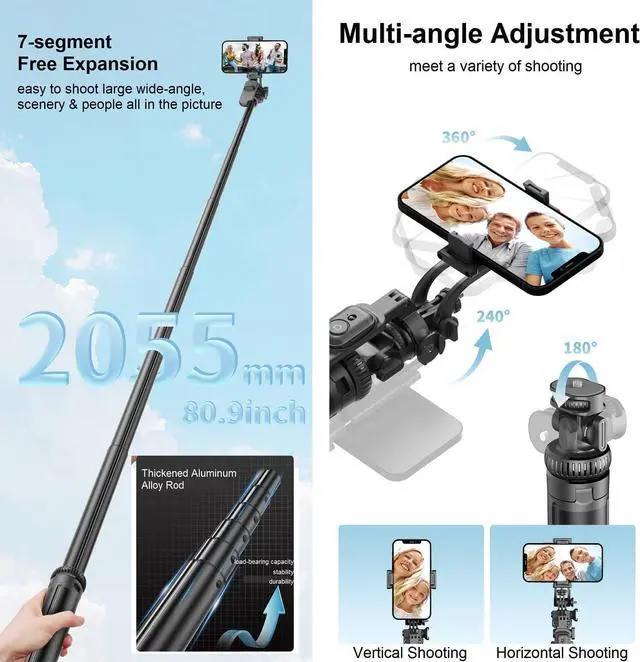 Alt view image 5 of 7 - 80" Phone Tripod & Selfie Stick - All in One Extendable Tall Cell Phone Tripod for iPhone with Remote and Cold Shoe Mount, 360° Rotation Tripods iPhone Stand Camera Holder for Video Recording