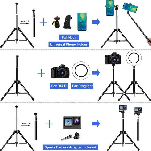 Alt view image 4 of 7 - Selfie Stick Tripod, 62 inch Extendable Detachable Selfie Stick Tripod Stand with Remote for iPhone 15 14 13 12 Pro MAX Samsung Galaxy S23 S22 S21