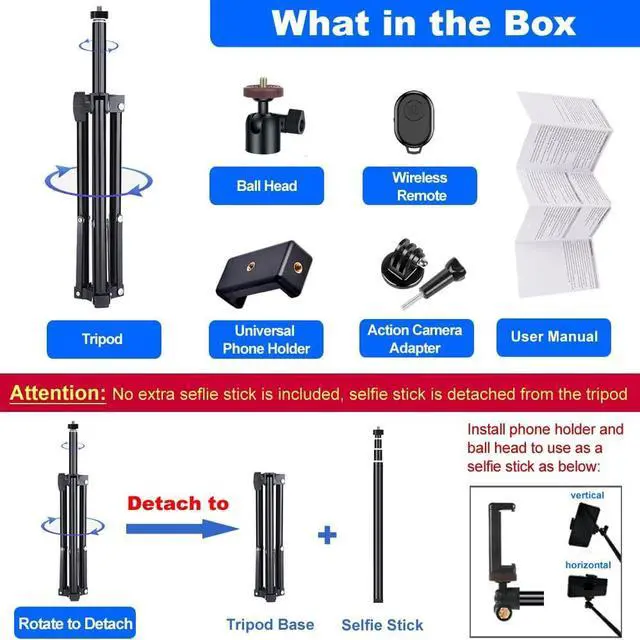 Alt view image 5 of 7 - Selfie Stick Tripod, 62 inch Extendable Detachable Selfie Stick Tripod Stand with Remote for iPhone 15 14 13 12 Pro MAX Samsung Galaxy S23 S22 S21