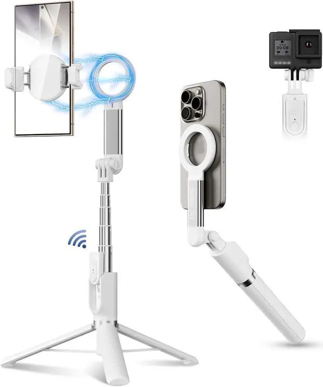 Main image of Magnetic Phone Tripod Selfie Stick, 40.9" Extendable Cell Phone Tripod Stand for iPhone 17 16 15 14 13 12 MagSafe Phone Case with Clamp & Wireless Remote for Selfie Vlogging Video Recording-White