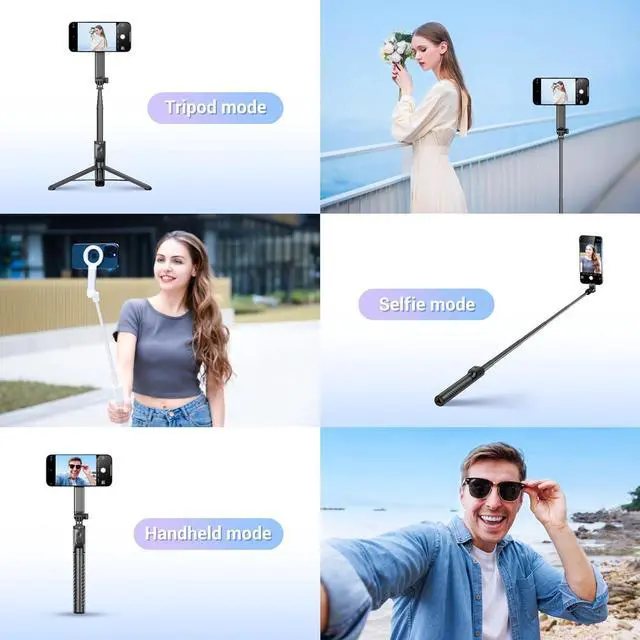 Alt view image 2 of 7 - Magnetic Phone Tripod Selfie Stick, 40.9" Extendable Cell Phone Tripod Stand for iPhone 17 16 15 14 13 12 MagSafe Phone Case with Clamp & Wireless Remote for Selfie Vlogging Video Recording-White