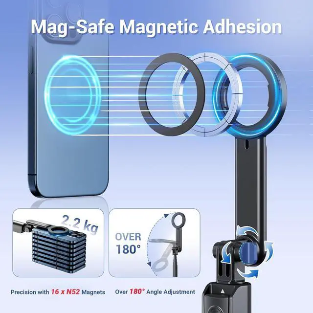 Alt view image 4 of 7 - Magnetic Phone Tripod Selfie Stick, 40.9" Extendable Cell Phone Tripod Stand for iPhone 17 16 15 14 13 12 MagSafe Phone Case with Clamp & Wireless Remote for Selfie Vlogging Video Recording-White