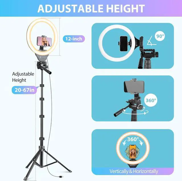Alt view image 6 of 6 - 12-inch Ring Light with 67-inch Selfie Stick, Tripod and Phone Holder, Selfie Remote Control Circle Light for Live Stream/Video Recording/TikTok, Compatible with All Phones and Cameras