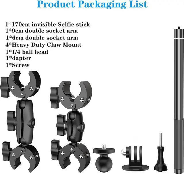 Alt view image 4 of 7 - Motorcycle Bike Handlebar Double clamp Mount and 67Invisible Selfie Stick Insta 360 Motorcycle Mount Kit for X5/X4/X3/X2/XONE/GO2/3 Action Camera