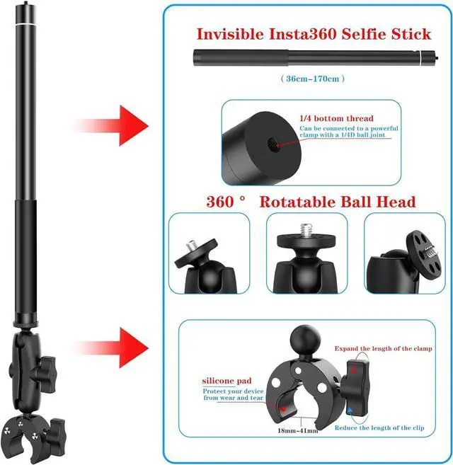 Alt view image 5 of 7 - Motorcycle Bike Handlebar Double clamp Mount and 67Invisible Selfie Stick Insta 360 Motorcycle Mount Kit for X5/X4/X3/X2/XONE/GO2/3 Action Camera