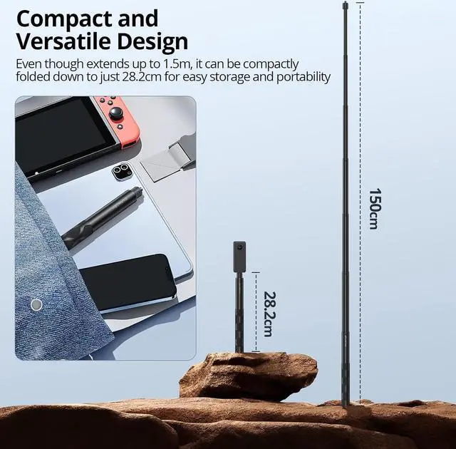 Alt view image 3 of 7 - ATUMTEK 60" Invisible Selfie Stick, 1/4" Extendable Monopod Pole, Solid and Compact Design for Insta360, for GoPro, DJI, Action Cameras (Buckle Mount for GoPro & DJI and Wrist Strap Included)