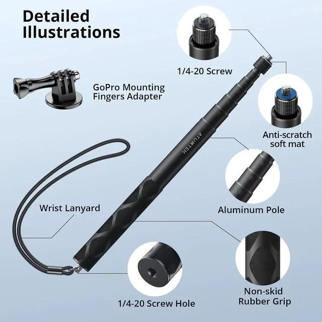 Alt view image 4 of 7 - ATUMTEK 60" Invisible Selfie Stick, 1/4" Extendable Monopod Pole, Solid and Compact Design for Insta360, for GoPro, DJI, Action Cameras (Buckle Mount for GoPro & DJI and Wrist Strap Included)
