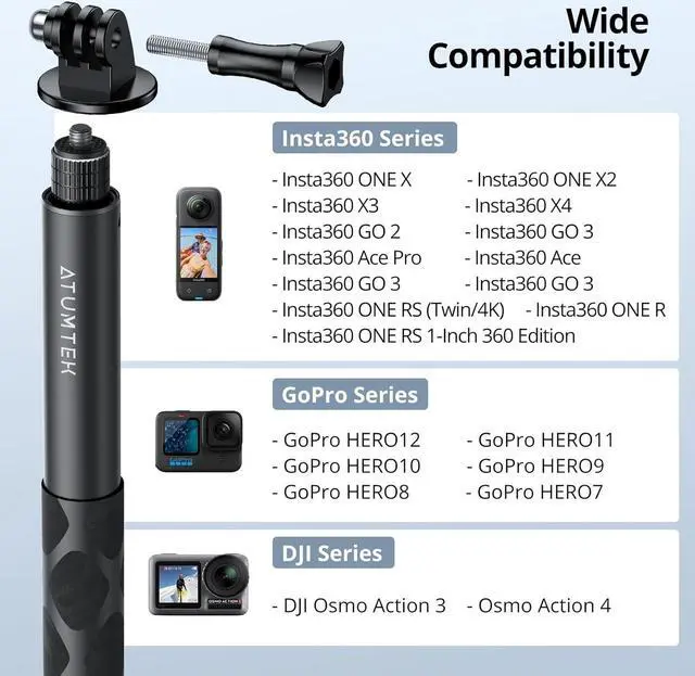 Alt view image 5 of 7 - ATUMTEK 60" Invisible Selfie Stick, 1/4" Extendable Monopod Pole, Solid and Compact Design for Insta360, for GoPro, DJI, Action Cameras (Buckle Mount for GoPro & DJI and Wrist Strap Included)