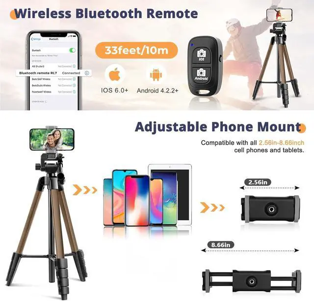 Alt view image 4 of 6 - 64 Phone&Tablet Tripod, Aureday Cell Phone Tripod for iPhone with Wireless Remote and Phone Holder, Extendable iPad Holder Stand for Video Recording/Makeup/Live Streaming (Gold)