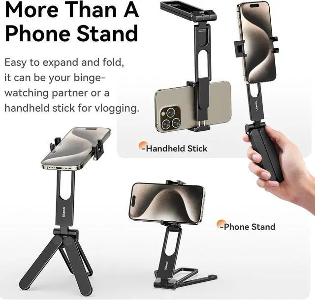 Alt view image 3 of 7 - ULANZI MA26 Foldable Phone Tripod, Pocket Cell Phone Vlog Video Tripod Handle Aluminium Smartphone Desk Stand 2 Cold Shoe Small Size All in One Lightweight Portable Vlog Stick for iPhone 17 Samsung