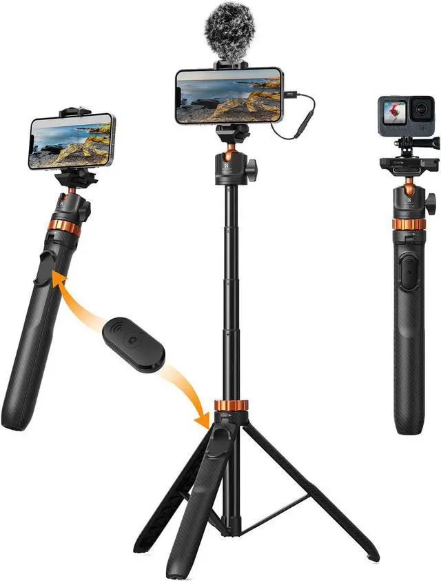 Main image of K&F Concept 62'' Phone Selfie Stick Tripod, 2-in-1 Lightweight Cellphone Holder and Camera Stand with Remote, Compatible with GoPro/iPhone/Android/Camera/DJI OSMO Pocket 3