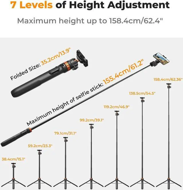 Alt view image 2 of 7 - K&F Concept 62'' Phone Selfie Stick Tripod, 2-in-1 Lightweight Cellphone Holder and Camera Stand with Remote, Compatible with GoPro/Insta360 X5X4/DJI OSMO 360 Pocket 3.