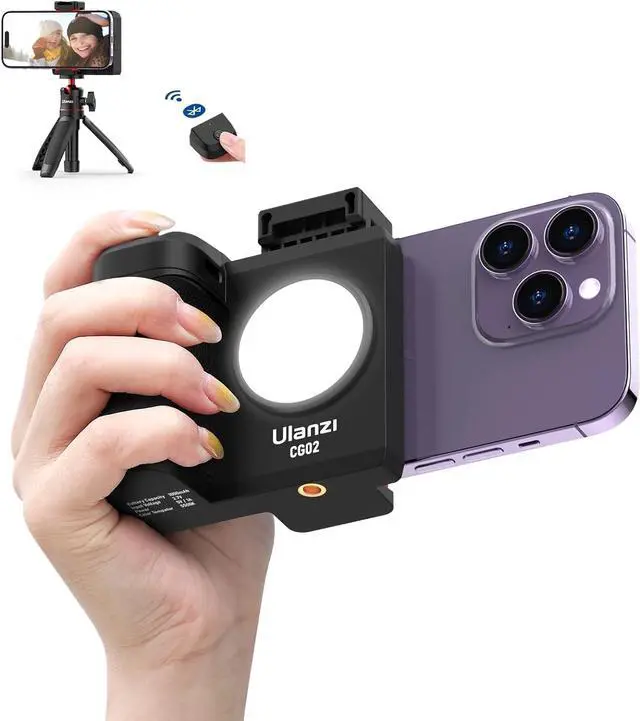 Main image of ULANZI CG02 Ungraded Smartphone Camera Shutter Handle Grip w Detachable Wireless Bluetooth Remote Control,Three-Gear Adjustable Fill Light for iPhone Samsung Google OnePlus Phones Video/Photo Shooting