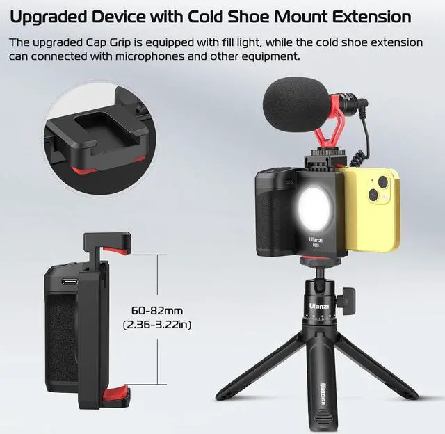 Alt view image 4 of 7 - ULANZI CG02 Ungraded Smartphone Camera Shutter Handle Grip w Detachable Wireless Bluetooth Remote Control,Three-Gear Adjustable Fill Light for iPhone Samsung Google OnePlus Phones Video/Photo Shooting