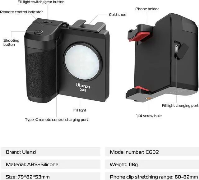Alt view image 5 of 7 - ULANZI CG02 Ungraded Smartphone Camera Shutter Handle Grip w Detachable Wireless Bluetooth Remote Control,Three-Gear Adjustable Fill Light for iPhone Samsung Google OnePlus Phones Video/Photo Shooting