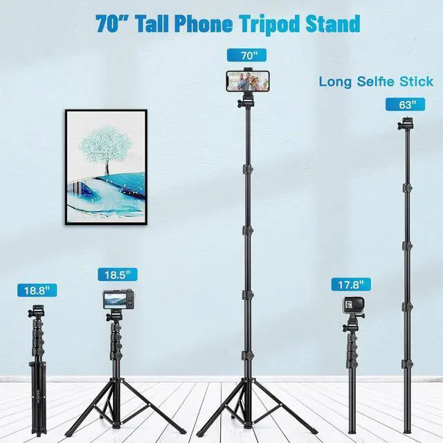 Alt view image 2 of 7 - Victiv 70" Phone Tripod, Camera Stand Tripod with Remote and Phone Holder, Sturdy & Stable, Height Adjustable Selfie Stick Mode, Perfect for Selfies/Recording/Vlogging/Live Streaming