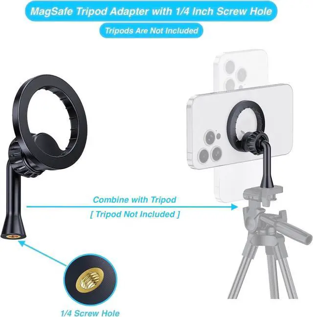 Alt view image 3 of 6 - Magnetic Tripod Holder Mount Adapter for MagSafe, iPhone Tripod Mount Adapter with 1/4 Screw Hole, Magnetic Phone Tripod Holder Adapter for iPhone 16/15/14/13 Series