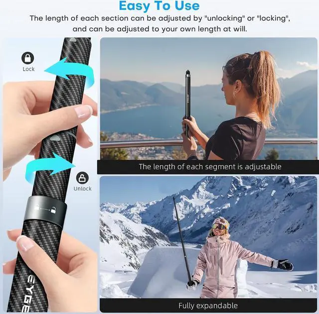 Alt view image 3 of 7 - REYGEAK 59 Inch Invisible Selfie Stick for Insta360 X4,Extension Selfie Pole with 1/4 Screw,Carbon Fiber Waterproof Long Monopod for Insta360 X4/X3/X2/ONE/ONE RS/ONE X.