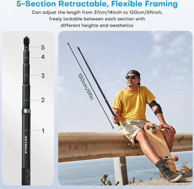 Alt view image 5 of 7 - REYGEAK 59 Inch Invisible Selfie Stick for Insta360 X4,Extension Selfie Pole with 1/4 Screw,Carbon Fiber Waterproof Long Monopod for Insta360 X4/X3/X2/ONE/ONE RS/ONE X.