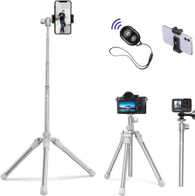 Main image of K&F Concept 67''/170cm Cellphone Tripod, 2-in-1 Lightweight Compact Portable Selfie Stick with Phone Holder, DSLR Camera Tripod with Smartphone Remote E224A3+BH-18 Silver