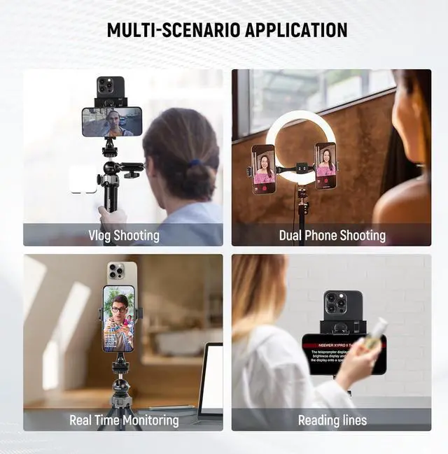 Alt view image 2 of 7 - NEEWER Metal Phone Tripod Mount Adapter with Arca QR Base, 360° Rotatable Dual Cell Phone Clip Clamp Holder with 4 Cold Shoes Compatible with iPhone Samsung for Vlog Live Stream Video Recording, SP-08