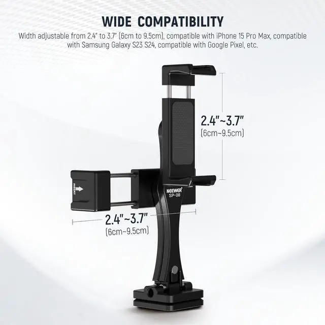 Alt view image 4 of 7 - NEEWER Metal Phone Tripod Mount Adapter with Arca QR Base, 360° Rotatable Dual Cell Phone Clip Clamp Holder with 4 Cold Shoes Compatible with iPhone Samsung for Vlog Live Stream Video Recording, SP-08