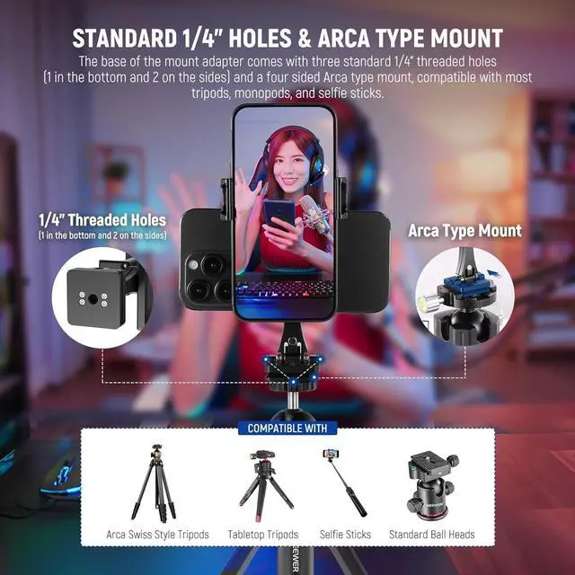 Alt view image 5 of 7 - NEEWER Metal Phone Tripod Mount Adapter with Arca QR Base, 360° Rotatable Dual Cell Phone Clip Clamp Holder with 4 Cold Shoes Compatible with iPhone Samsung for Vlog Live Stream Video Recording, SP-08