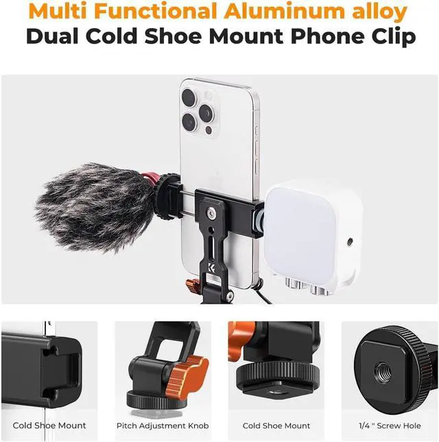 Alt view image 3 of 7 - K&F Concept Metal Phone Tripod Mount, Universal Smartphone Stand with 2 Cold Shoe Mount, Adjustable Cellphone Holder for Horizontal and Vertical Shooting, Compatible with iPhone/Samsung and All Phones
