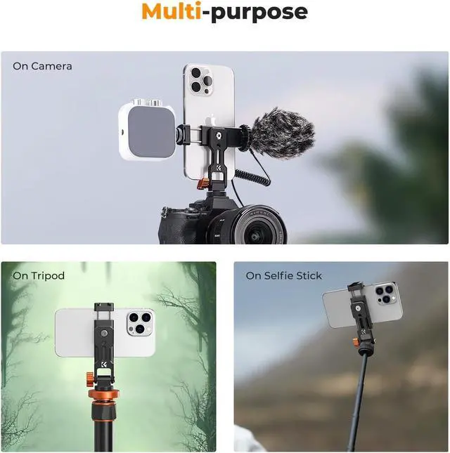 Alt view image 7 of 7 - K&F Concept Metal Phone Tripod Mount, Universal Smartphone Stand with 2 Cold Shoe Mount, Adjustable Cellphone Holder for Horizontal and Vertical Shooting, Compatible with iPhone/Samsung and All Phones