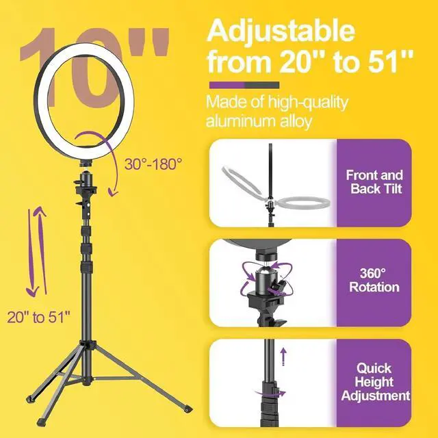 Alt view image 3 of 6 - EMART 10" Ring Light with 55" Extendable Tripod Stands and Phone Holder, Dimmable LED Circle Round Light for Selfie Camera Photography/Makeup/YouTube Video/Vlogging/Live Streaming