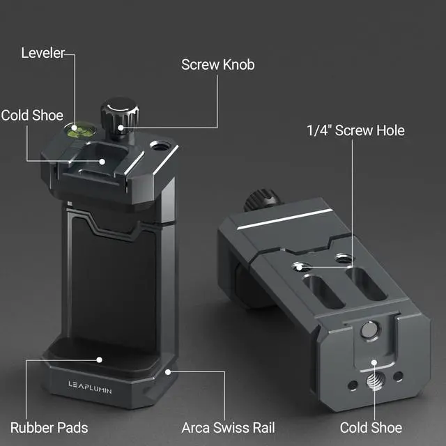 Alt view image 2 of 7 - Aluminum Phone Mount for Tripod, Adjustable Phone Tripod Mount with Cold Shoe & Arca Swiss Quick Release Plate,Universal Adjustable Clamp Suitable for iPhone 14 pro/13 Pro/12/11/Samsung
