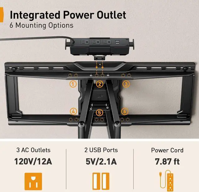Alt view image 4 of 7 - Full Motion TV Wall Mount with Power Strip for 4290 Inch TVs up to 150 lbs Pre-Assembled TV Mount Has Smooth Swivel Tilt Extension Max VESA 600x400mm 12/16/24 Wood Studs PGLF11